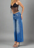- High-Rise Wide Leg
- Back Lace Details
- Belt loops + Zip fly
- Medium Denim 
- Import
- Inseam 27" Rise: 11 1/2"
- Model is 5'9 wearing size 3
Show Less
Fabric Contents
99% Cotton, 1% Spandex