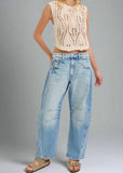 Mid-Waisted Barrel jean
Dart details
Belt loops + Zip fly
Medium denim 
Import
FRONT RISE 11 3/4", INSEAM 27"
Model is 5'8 wearing a size 3
Show Less
Fabric Contents
99% Cotton, 1% Spandex