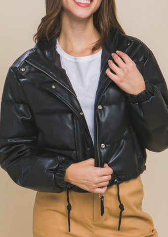 PU Faux Leather Puffer Jacket With Snap Closure  
