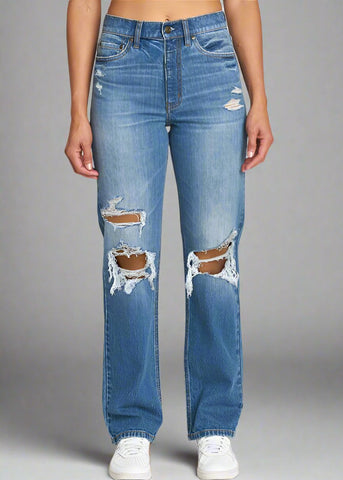 Codi high rise dad jean in Orion's Belt. Relaxed fit medium wash denim