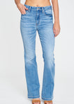 Aliyah super high rise flare jeans in Messy. Medium wash denim with five-pocket design, belt loops, and hidden zip fly with button closure. This fit features a 11 in. super high rise and 33 in. regular inseam.
