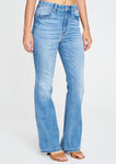 Aliyah super high rise flare jeans in Messy. Medium wash denim with five-pocket design, belt loops, and hidden zip fly with button closure. This fit features a 11 in. super high rise and 33 in. regular inseam.