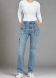 Codi super high rise dad jeans in Saga. Medium wash denim with utility details, fading, and whiskering. Cargo pockets, belt loops, and hidden zip fly with button closure. This fit features a 11 in. super high rise and 31 in. inseam
Fabric Contents
99% COTTON 1% SPANDEX 