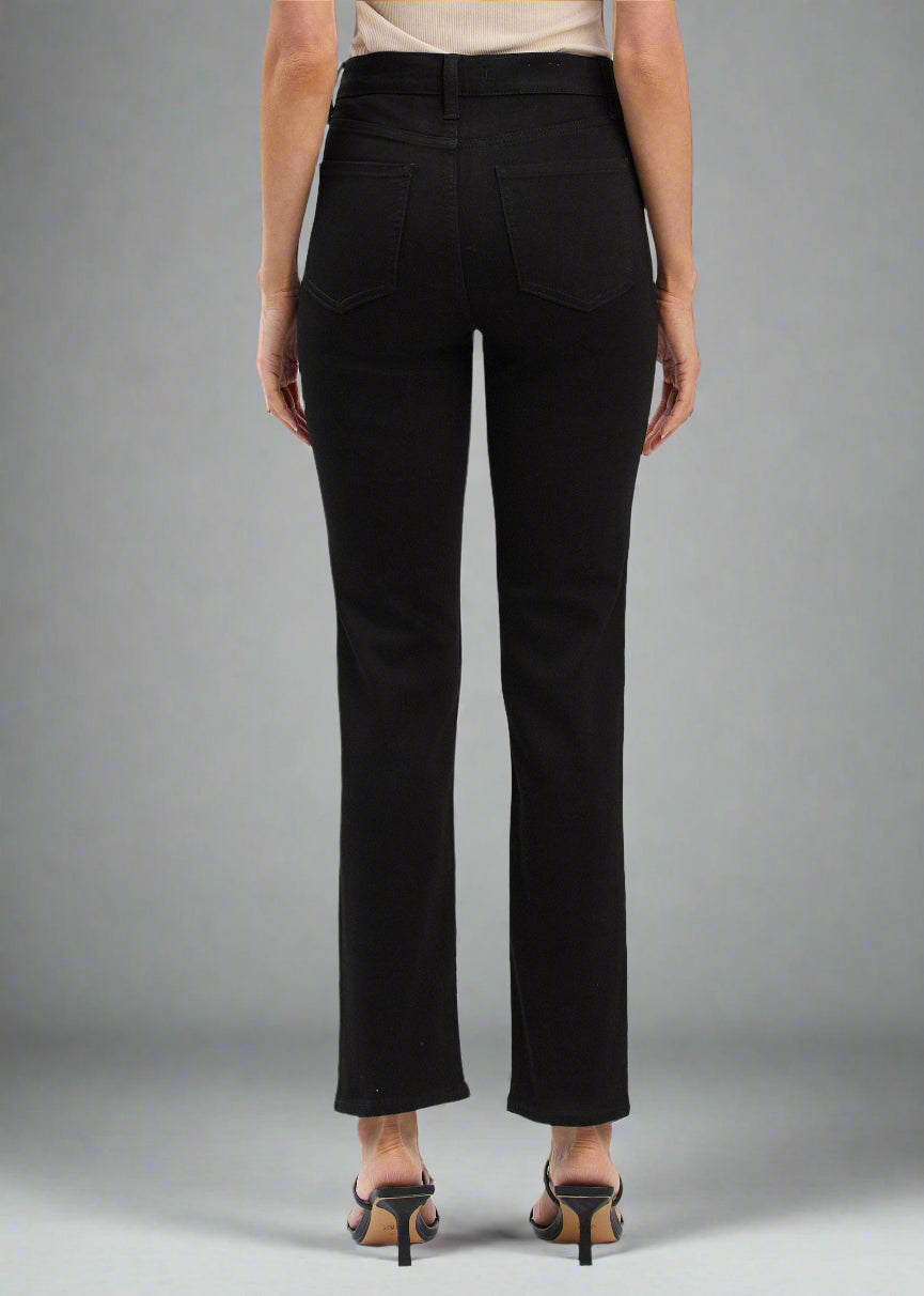 *New Fit* Luna high rise slim straight leg in Not Interested. Clean, black wash with five pocket design, belt loops, hidden zipper, and clean finish hem. This fit features a 10.5 inch high rise and  29 inch inseam.