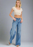 These high-rise wide-leg jeans have a 32" inseam and are the perfect medium wash making them versatile enough to complement any outfit.

Inseam: 32" Rise: 11 1/2"
Fabric Contents
99% Cotton, 1% Spandex