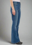 Juliana high rise flare in False Pretenses. Medium wash flare jeans with minimal whiskering and fading with five-pocket design, and belt loops. This fit includes a 11" rise and 33" inseam.