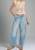 Mid-Waisted Barrel jean
Dart details
Belt loops + Zip fly
Medium denim 
Import
FRONT RISE 11 3/4", INSEAM 27"
Model is 5'8 wearing a size 3
Show Less
Fabric Contents
99% Cotton, 1% Spandex