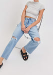 10 1/4" 
Mid Rise
Baggy Dad Jean
28" Inseam
Zipper Fly + Belt Loops 
Light Denim
Import 
FRONT RISE 10 1/4", INSEAM 28"   
Show Less
Fabric Contents
 99% Cotton, 1% Spandex