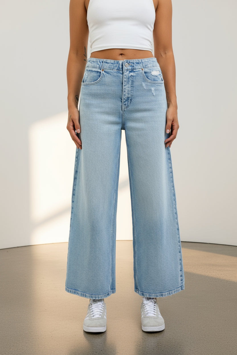 Light blue wide-leg jeans worn by a person on a white background