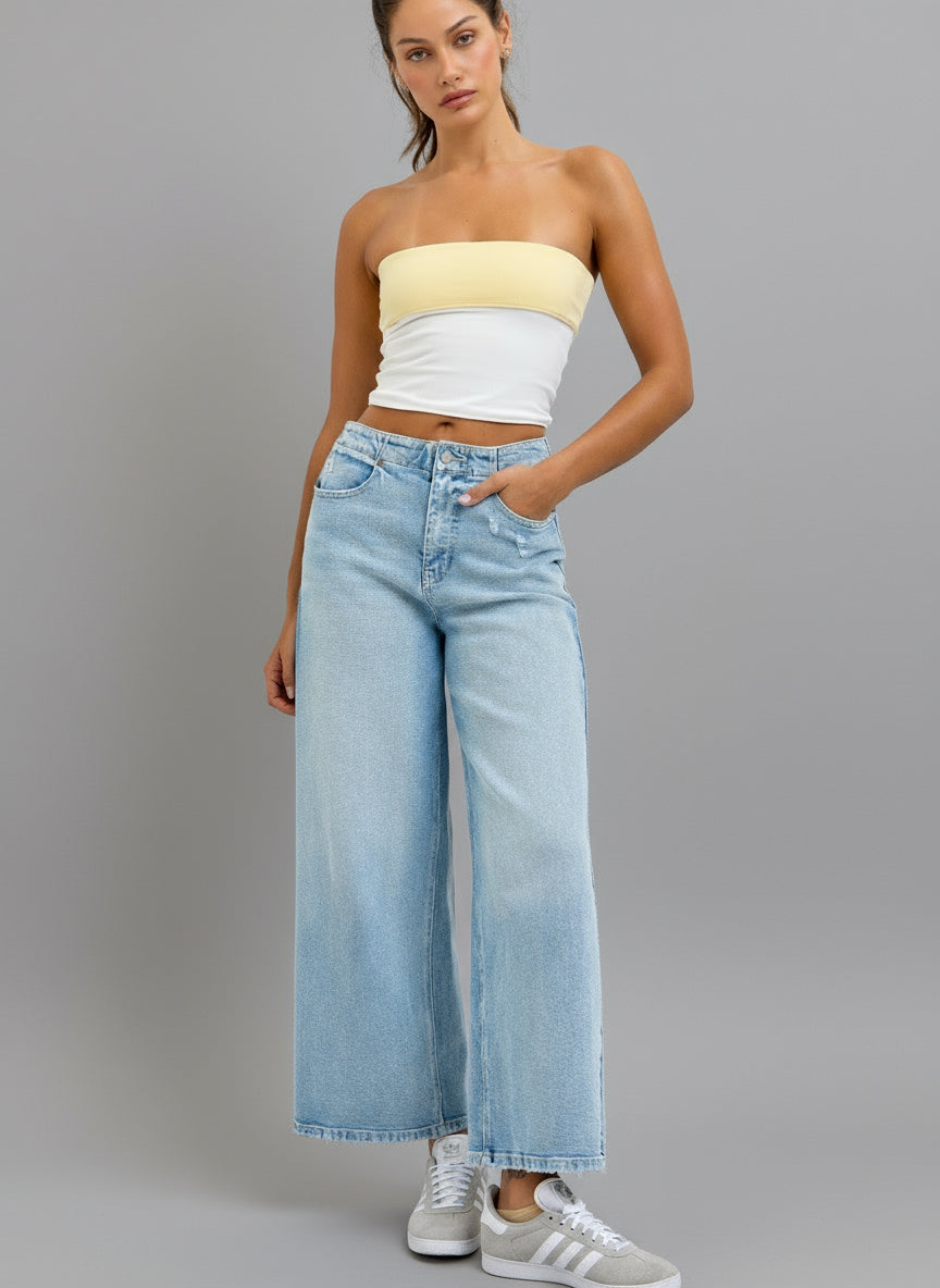 High Rise Wide Leg 
Light Denim 
Belt Loops + Zip Fly 
Black Lace Detail
Import
Front Rise  11 1/2", Inseam 27"
Fabric Content: 99% Cotton, 1% Spandex
Show Less
Fabric Contents
99% Cotton, 1% Spandex