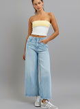High Rise Wide Leg 
Light Denim 
Belt Loops + Zip Fly 
Black Lace Detail
Import
Front Rise  11 1/2", Inseam 27"
Fabric Content: 99% Cotton, 1% Spandex
Show Less
Fabric Contents
99% Cotton, 1% Spandex