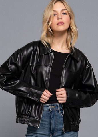 CUFFED SLV ZIP UP FAUX LEATHER JACKET