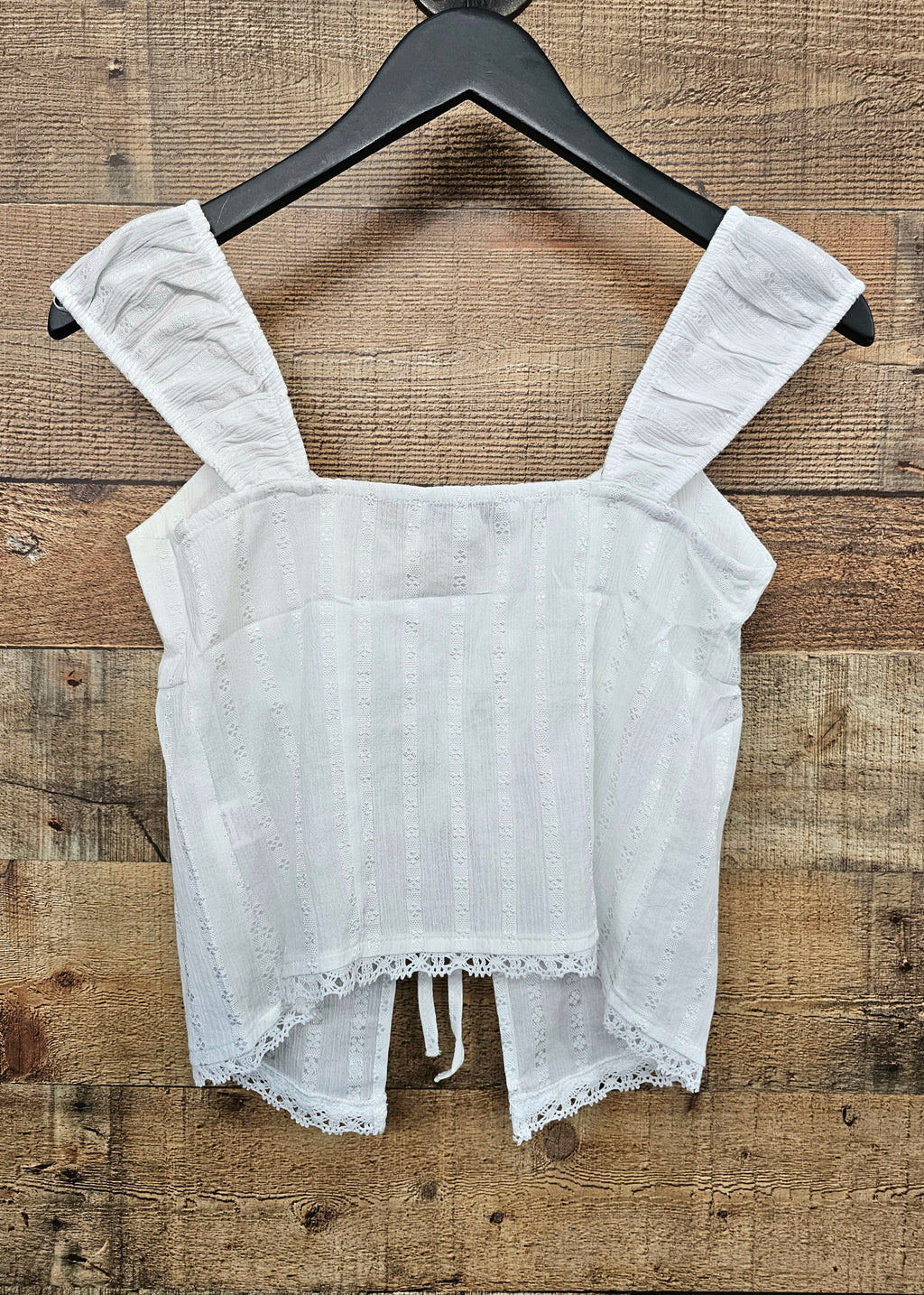 white lace trim front tie top