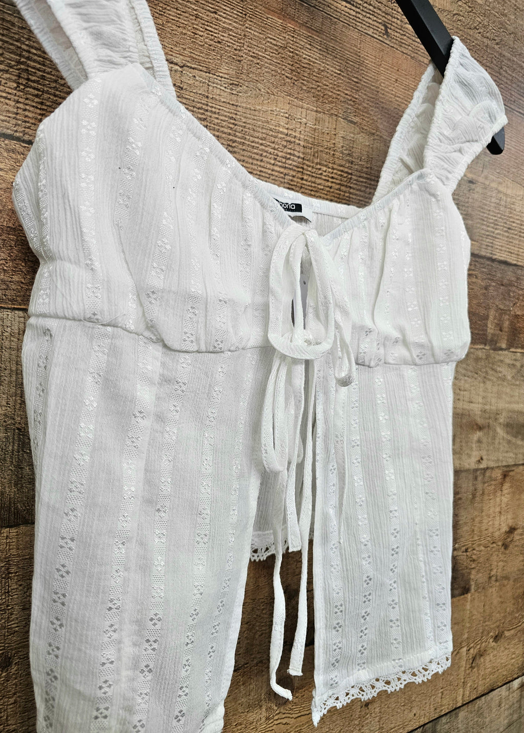 white lace trim front tie top