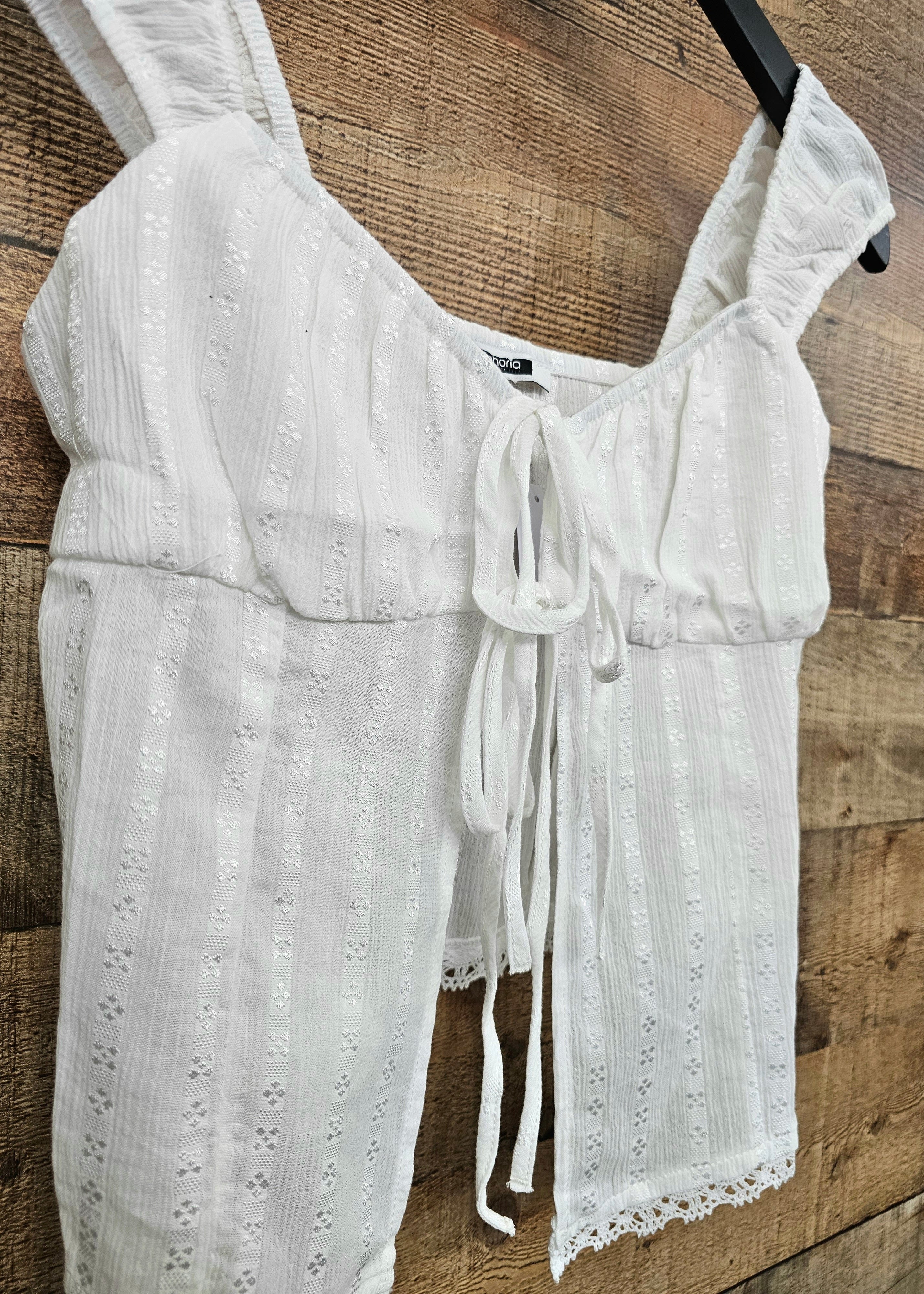 white lace trim front tie top