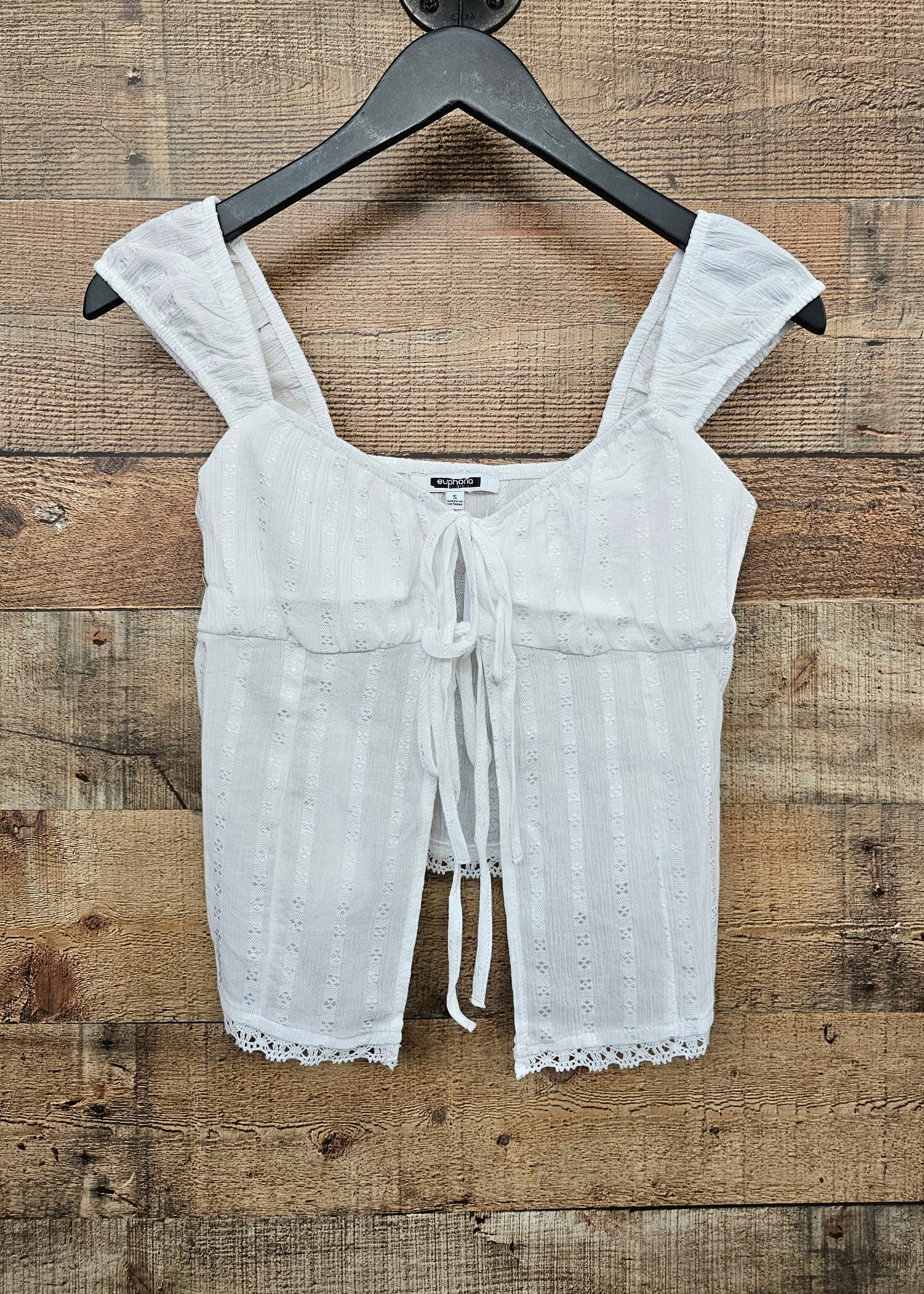 white lace trim front tie top
