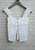 white lace trim front tie top