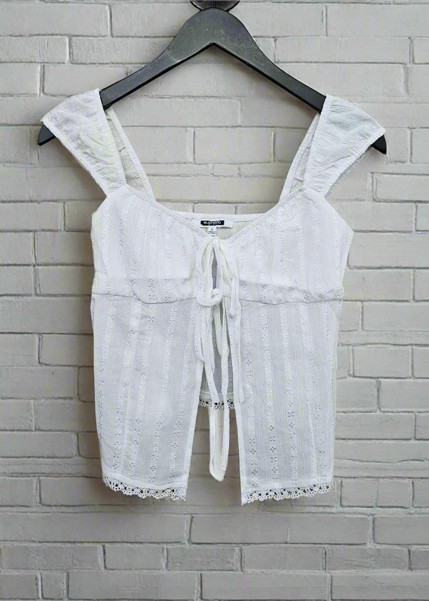white lace trim front tie top